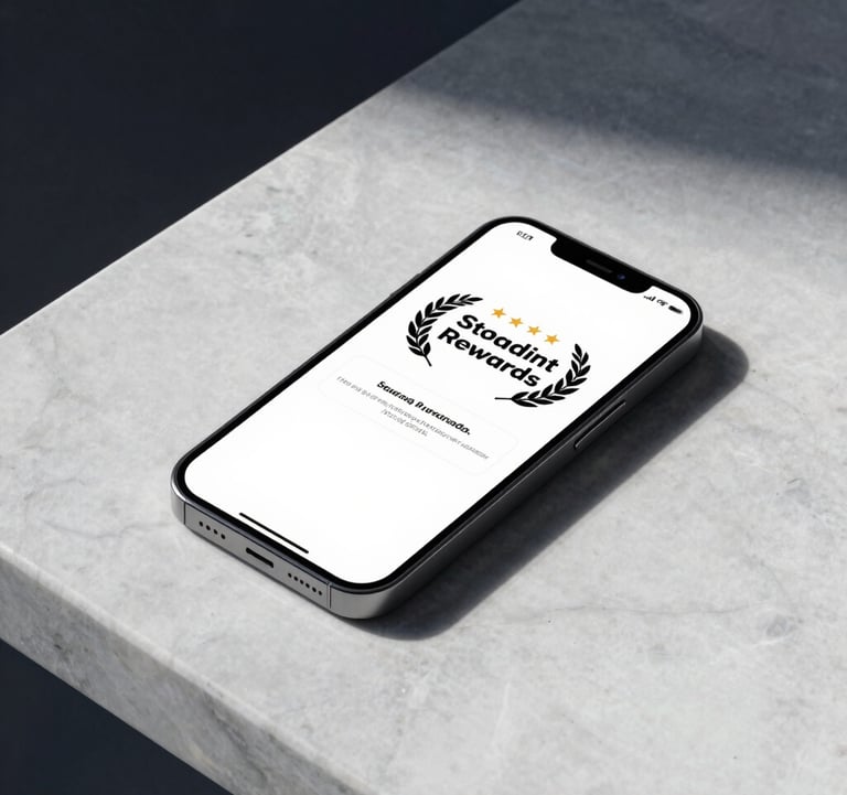 A minimalist photograph of a high-end smartphone lying on a marble surface, displaying a blockchain transaction confirmation for staking rewards. The scene is illuminated by Clean Pearl White light with subtle Deep Midnight Navy shadows.
