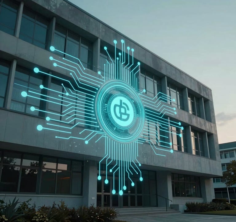 A conceptual photograph of a modern campus building integrated with digital circuit overlays, representing tokenized infrastructure. Professional lighting with deep teal shadows.