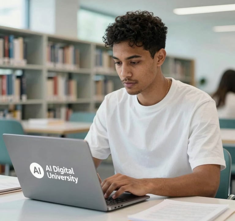A professional lifestyle photograph of a young, diverse adult focused on a sleek laptop in a bright, modern library space. The palette is dominated by pearl white and soft teal, capturing a moment of empowered, borderless learning through the AI Digital University.
