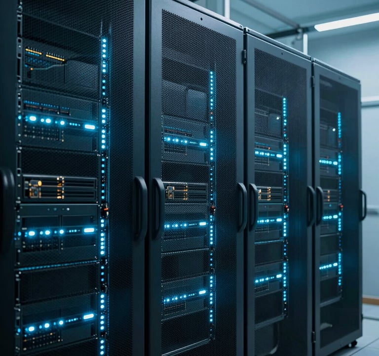 A sharp photograph of modern digital infrastructure servers in a clean facility, glowing with deep teal and soft blue lights.
