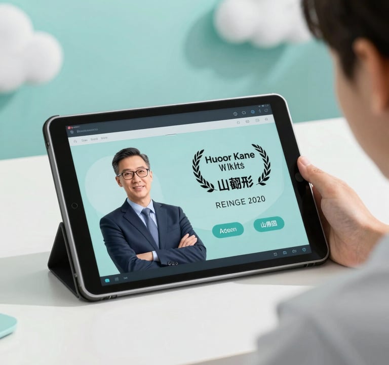 A close-up photograph of a student using a high-tech tablet, showing a digital avatar professor. The setting is a clean, modern workspace with soft muted cyan lighting and cloud white accents.