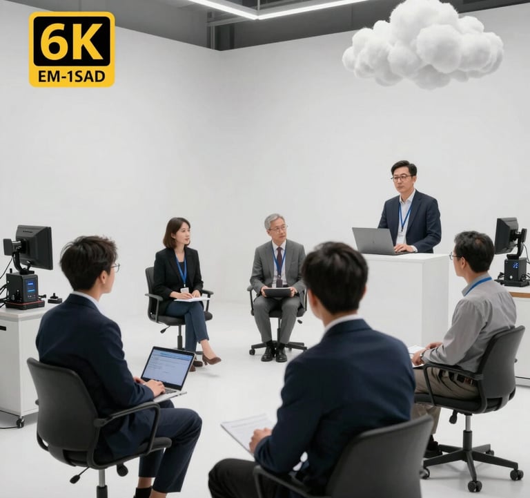 A professional shot of a digital studio where AI avatar professors are rendered, featuring high-end tech equipment and cloud white minimalist decor.
