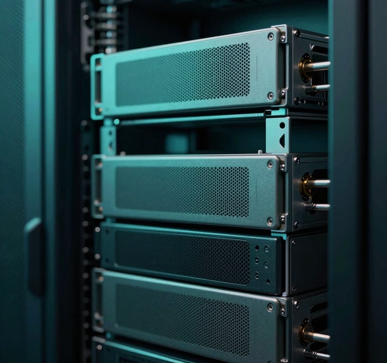 A close-up photograph of modern blockchain server hardware in a data center. The scene is illuminated with soft muted aqua and deep teal lights, emphasizing security and sophisticated innovation.