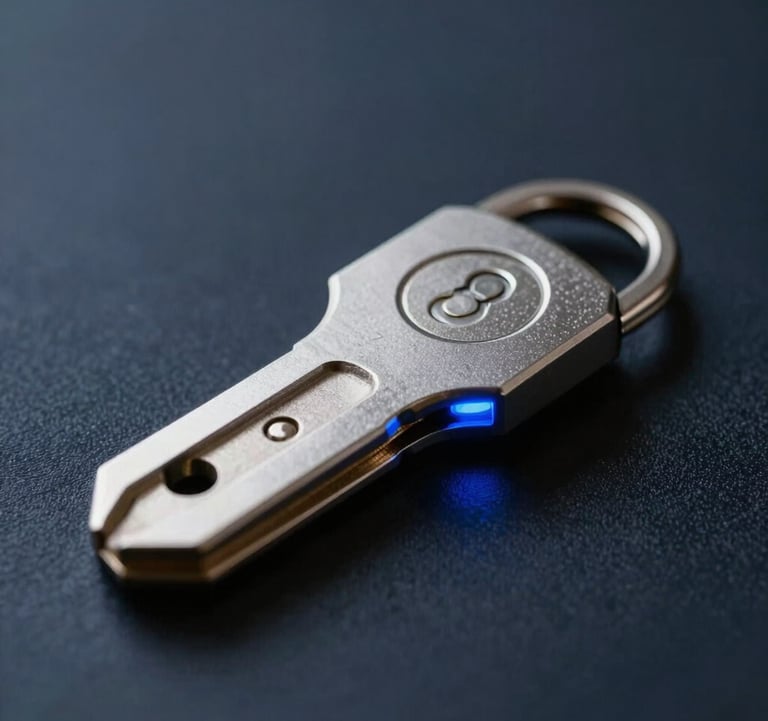 A sophisticated macro shot of a secure blockchain hardware key resting on a dark navy surface with soft blue LED highlights.