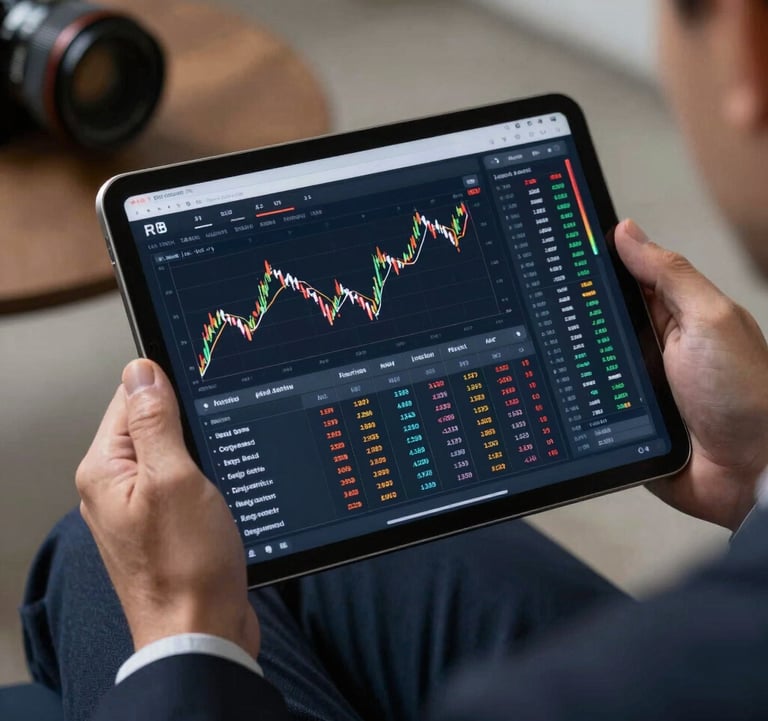 A close-up of a tablet displaying complex financial data and RWA token distributions in a sophisticated interface, held by a professional in a dark navy suit.