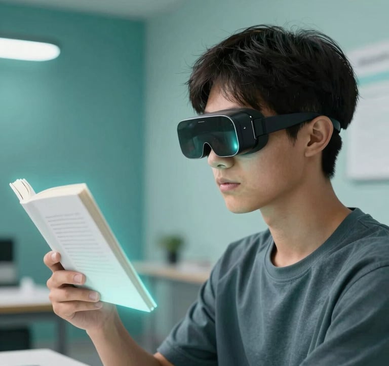 A professional portrait of a student wearing sleek, minimalist augmented reality glasses, looking at a glowing floating textbook. The background is a clean, modern study space with Deep Oceanic Teal accents and Soft Frosted Mint lighting.
