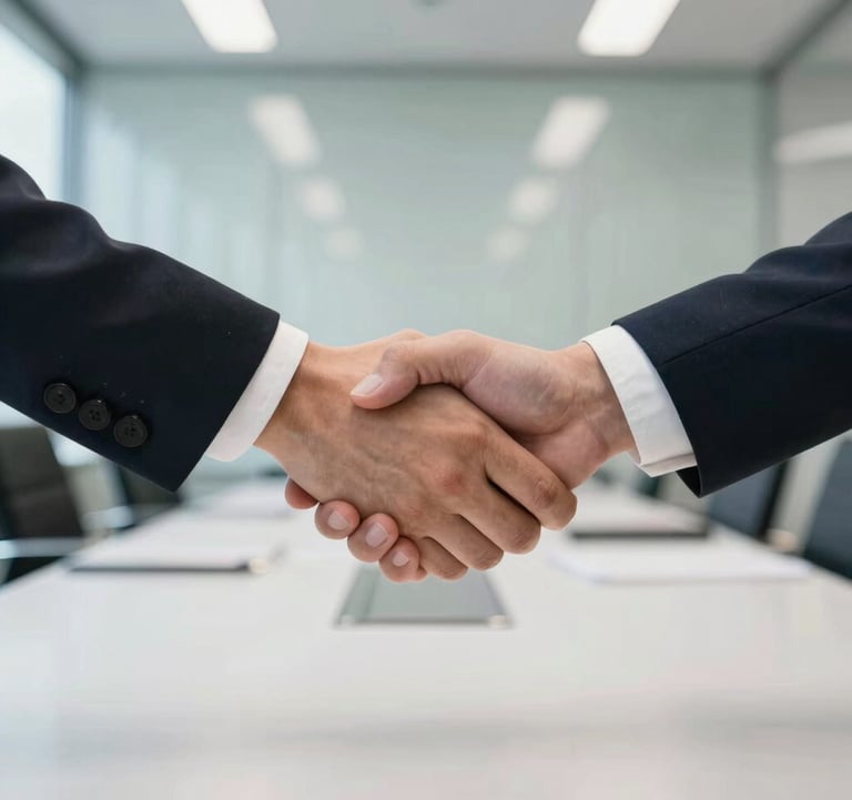 A close-up photograph of two professional hands shaking in a brightly lit, modern glass boardroom. The reflection on the table shows pearl white and dark navy colors. The mood is trustworthy and forward-looking, symbolizing global partnerships and institutional compliance.