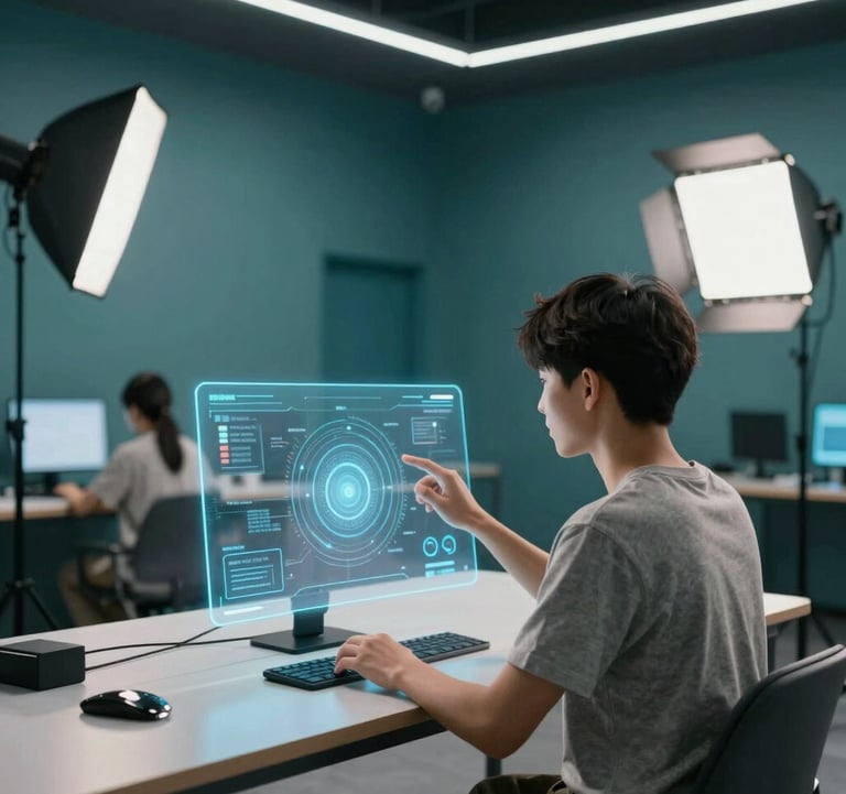 A high-end interior shot of a digital learning hub. A student is interacting with a clean, holographic interface. The room has deep teal accents and a sleek, sophisticated atmosphere with professional studio lighting.