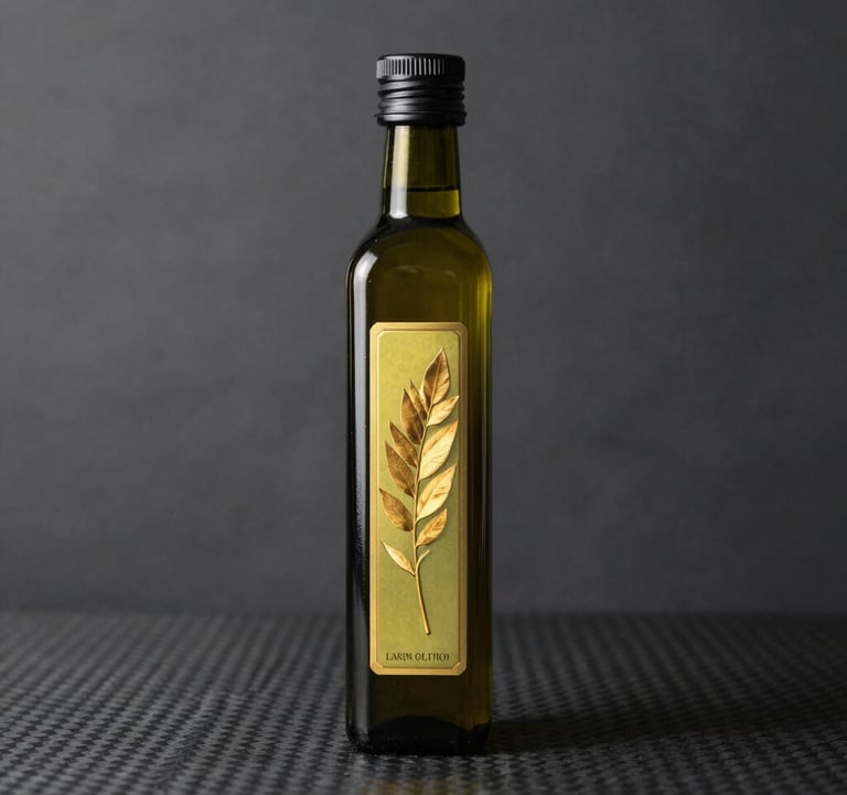 High-end product shot of a luxury olive oil bottle with a gold-leaf label, placed on a dark carbon stone background. Professional studio lighting.