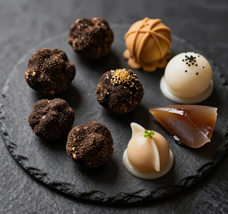 Elegant top-down view of a gourmet platter featuring truffles and artisanal ingredients on a black slate, softly lit with golden highlights and shadows.