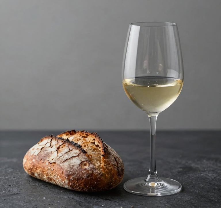 A minimalist glass of premium wine and artisan bread on a dark textured table, evoking a sense of high-end culinary excellence and sophisticated distribution.