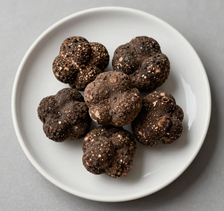 A top-down view of hand-picked premium truffles on a minimalist off-white ceramic plate. Sharp focus, clean and high-end aesthetic.