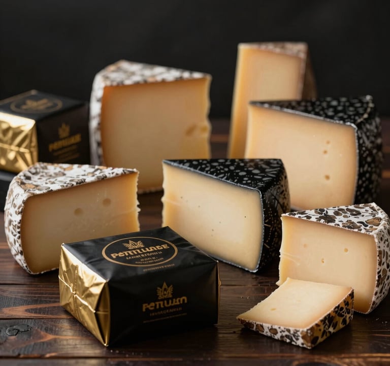 A collection of artisanal cheeses wrapped in premium black and gold packaging. Elegant composition on a dark wood surface.