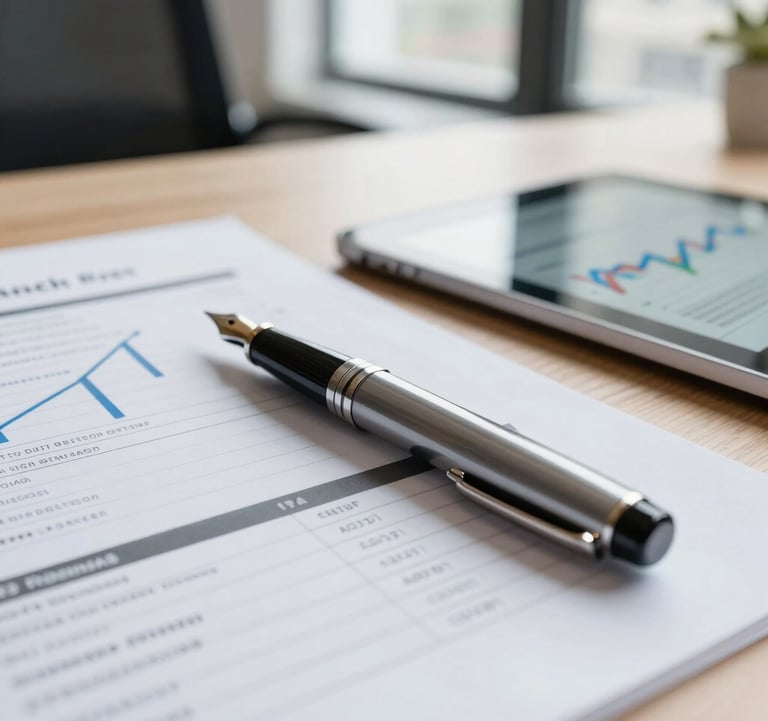 A close-up tabletop shot of financial reports, a sleek fountain pen, and a tablet showing growth charts. Professional setting, bright natural light coming from a window in a French corporate office.