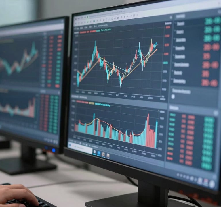 A sharp, close-up photograph of a professional financial workstation displaying abstract market data on multiple screens. The environment is clean and professional, using a muted blue and cool grey color palette to signify financial expertise.