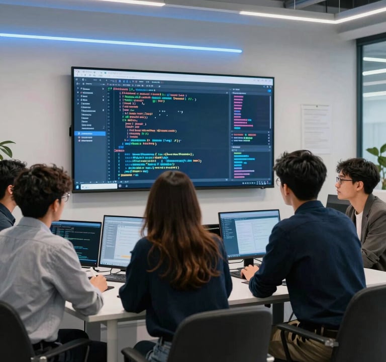 A dynamic shot of young professionals in a sleek, modern co-working space in Lyon. They are looking at a large screen displaying software code and financial metrics. The lighting is bright and innovative, with cool blue accents.