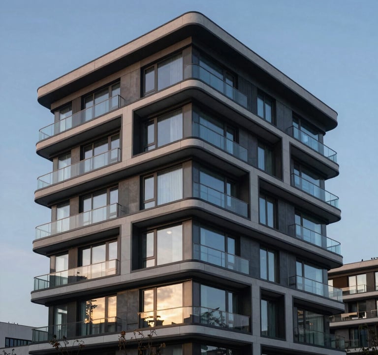 A sophisticated architectural photograph of a luxury residential building in a European capital. The design is contemporary with large windows reflecting a muted blue evening sky, emphasizing high-end real estate investment value.