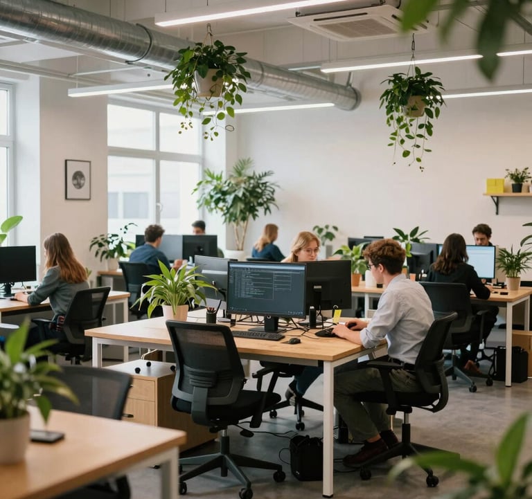 The bright and vibrant interior of a high-tech startup incubator. Open space with plants, wooden desks, and white walls. Professional European creative environment, bright natural lighting.