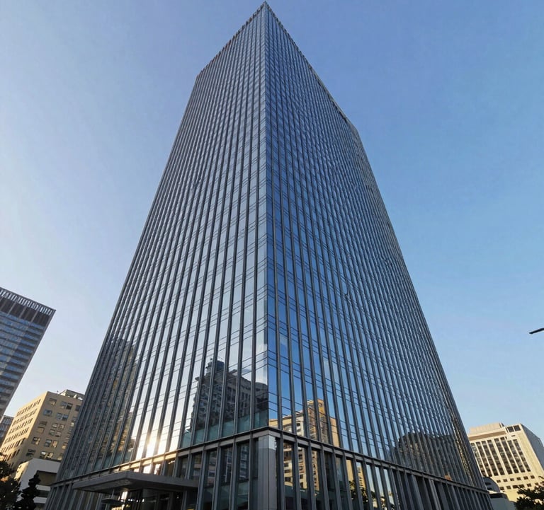A wide exterior shot of a modern glass skyscraper in a financial district under a clear blue sky. Reflective surfaces showing the surrounding cityscape. Clean, professional composition.