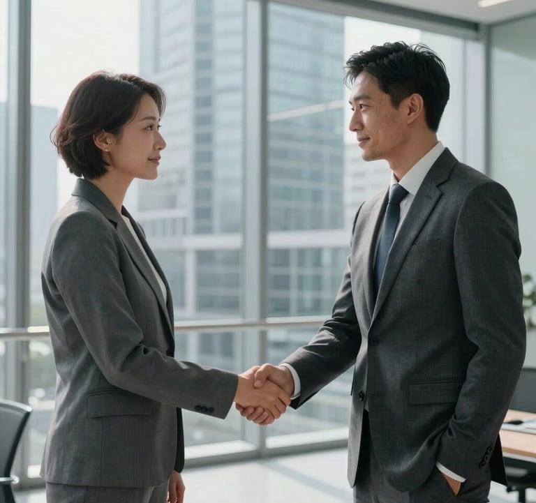 A professional handshake between two business people in a minimalist glass-walled office in a European financial district, soft natural light, shades of cool gray.
