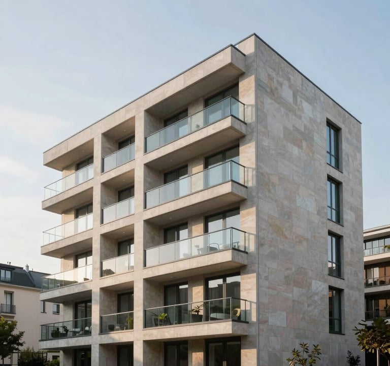 Clean, architectural photography of a contemporary luxury apartment building with large glass balconies and stone facade, located in a prestige European district. Soft daylight, professional composition.