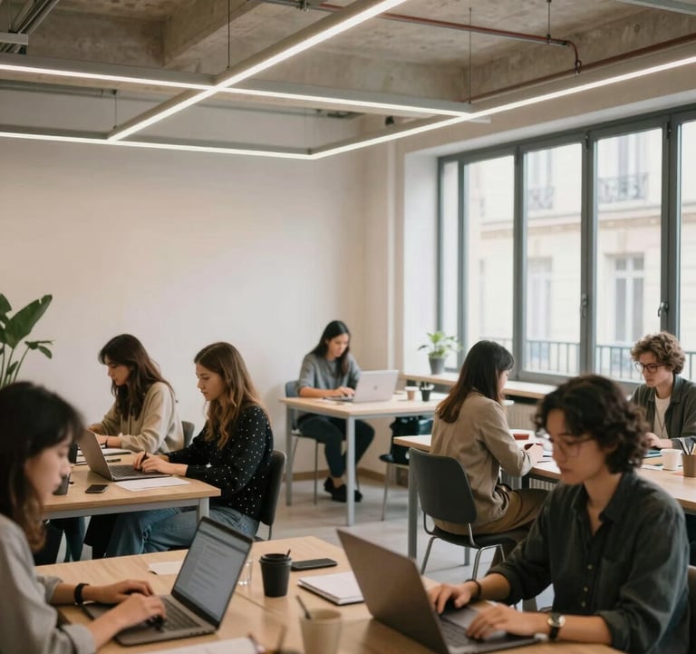 A bright and airy coworking space in Paris where young professionals are collaborating around laptops, high ceilings, modern decor, professional atmosphere.