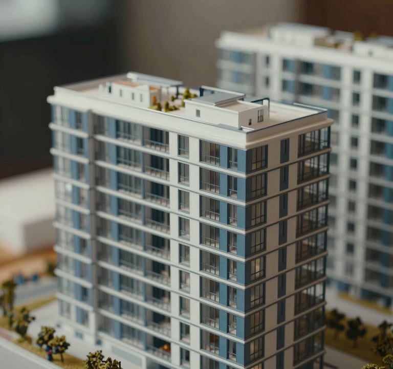 A close-up of a sleek architectural model of a modern apartment complex in Europe, focus on clean lines and glass, professional lighting with muted blue accents.