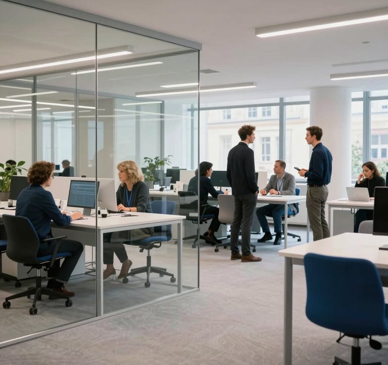 An interior shot of a bright, high-tech startup incubator in Paris. The space features clean lines, glass partitions, and ergonomic furniture in shades of light silver and blue. Professional workers are engaged in collaborative discussions in the background.