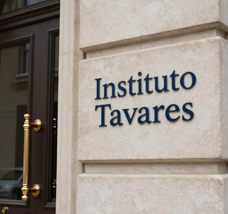 A photograph showing the elegant architectural details of the Instituto Tavares entrance. The door handles are champagne gold, and the sign is engraved in dark navy blue on a warm off-white stone surface.