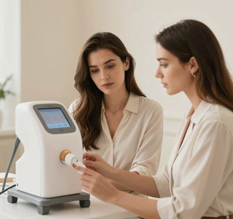 A lifestyle photograph of two women in a professional mentorship session. They are focused on a high-end treatment device. The setting is bright, airy, with champagne gold and warm off-white tones dominating the palette.