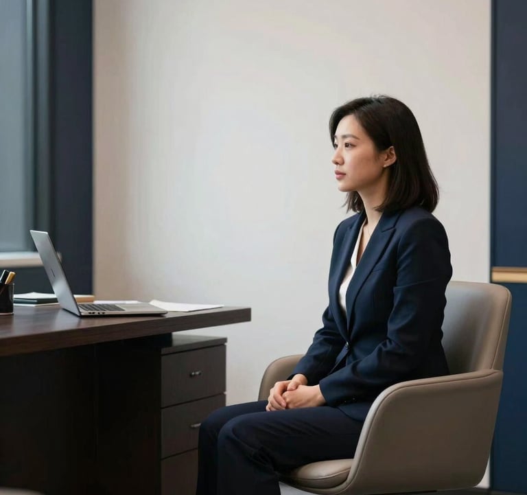 An elegant private consultation room. A professional is seated in a muted taupe chair, with a backdrop of a clean, soft pearl white office wall and dark navy decor accents, suggesting a high-level mentorship session.