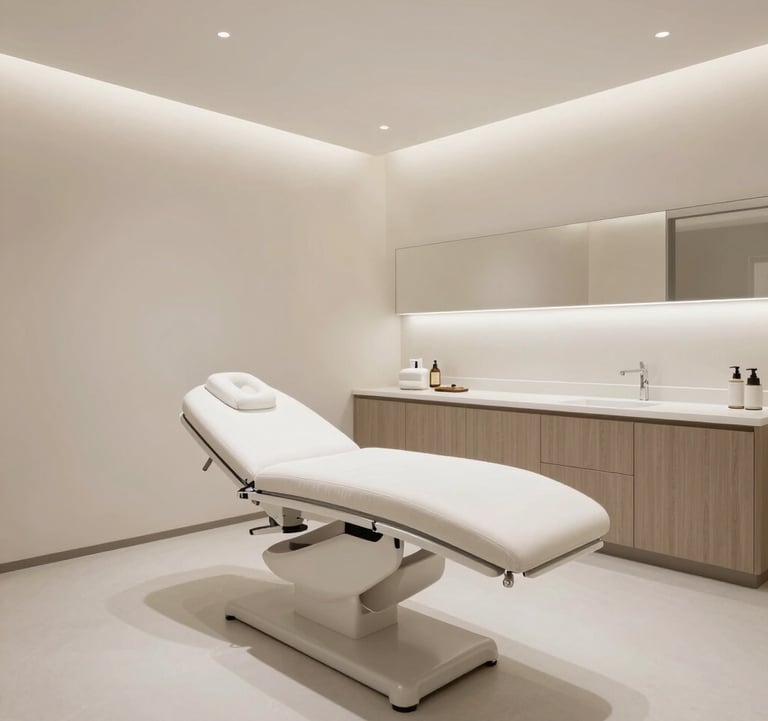 A wide shot of a modern and sophisticated treatment room at the Instituto Tavares. The room is decorated in tones of off-white and soft taupe, looking very serene and upscale.