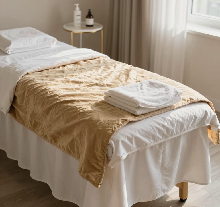 Photography of a sophisticated aesthetic treatment room. Soft natural lighting hits a pearl white therapy table with warm gold-beige linens. The composition is clean and premium.