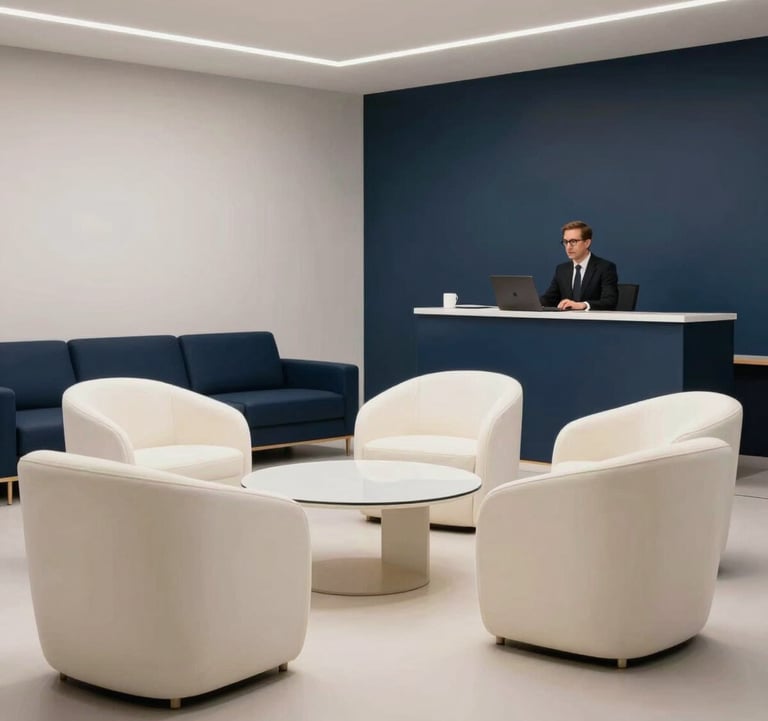 An interior shot of the Instituto Tavares training area. Modern, minimalist furniture in pearl white and dark navy blue creates a professional atmosphere for mentorships. The lighting is bright and sophisticated, highlighting the premium environment.