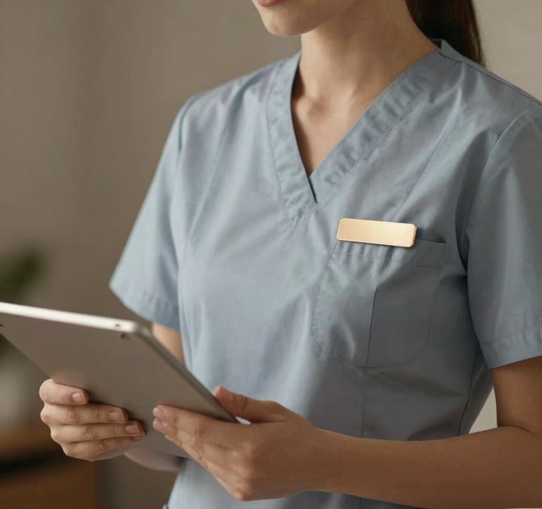 A detail shot of a woman in professional clinical attire, showing a glimpse of a champagne gold name tag. She is holding a tablet, looking professional and ready to assist. The background is a soft-focus deep taupe office setting.