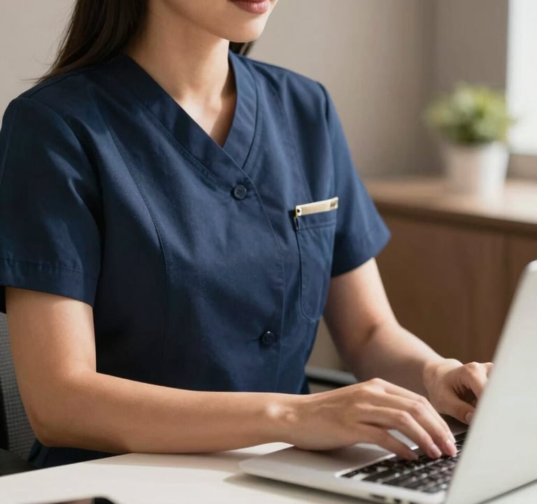 A close-up photograph of a professional woman in a dark navy blue tailored clinical uniform, working in a sunlit, sophisticated office in São Luís. The setting includes warm taupe decor and a pearl white desk, conveying expertise and serenity.