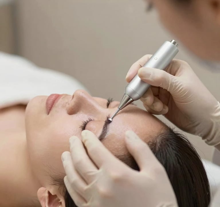 A close-up photograph of a professional skin assessment being conducted, using specialized tools. The color palette is composed of soft beige and off-white tones, conveying expertise and cleanliness.