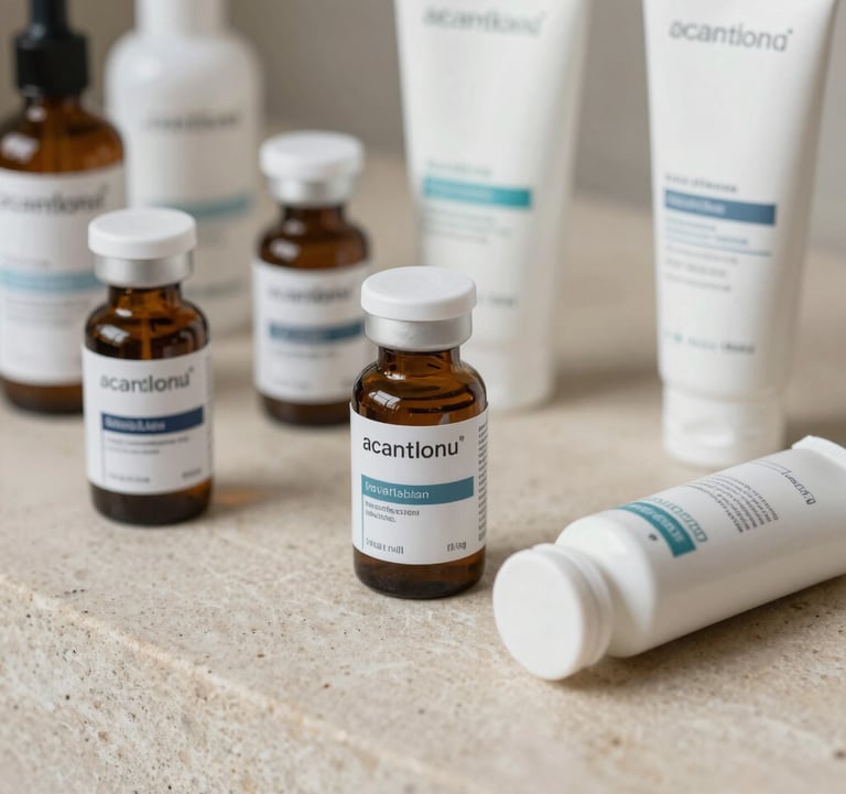 A detail shot of the institute's high-end medical skincare products arranged on a champagne-colored stone surface. Soft lighting highlights the premium packaging.