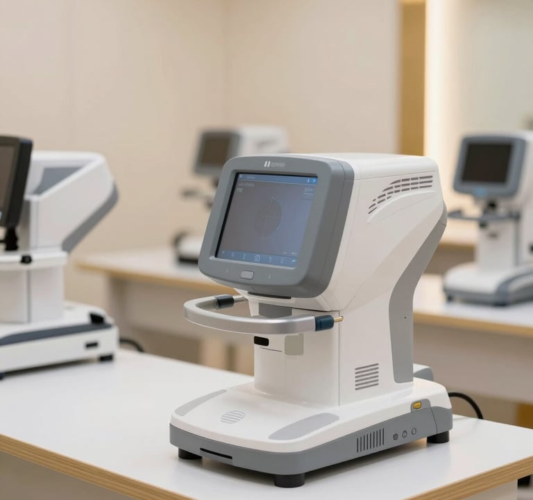 A close-up photograph of a professional training classroom with high-tech dermatological equipment. The setting is bright with soft pearl white surfaces and warm gold-beige detailing, conveying a premium educational environment.