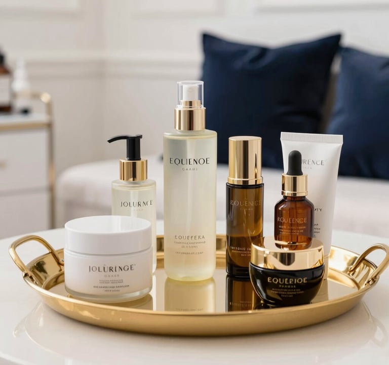 A lifestyle photograph of a high-end treatment room. A soft gold tray holds premium skincare products. The background shows pearl white walls and a glimpse of dark navy blue decorative pillows, reflecting a refined European standard.