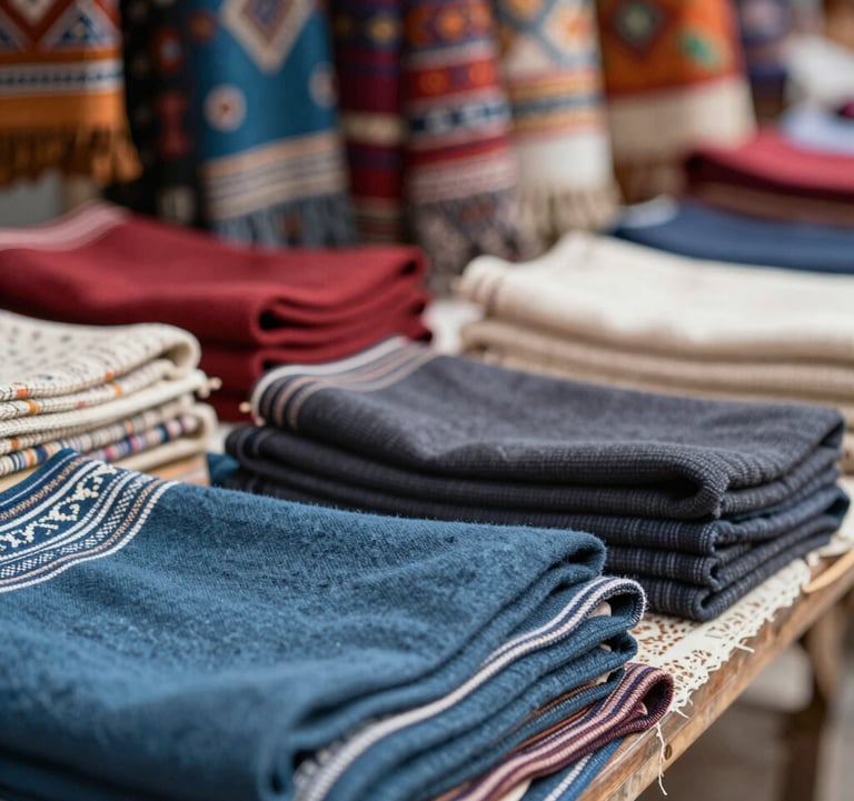 A close-up of local artisanal crafts and textiles in a vibrant market, shot with a shallow depth of field. The image incorporates tones of #3E6B7A and #1C2C39, reflecting cultural depth and authentic travel experiences.