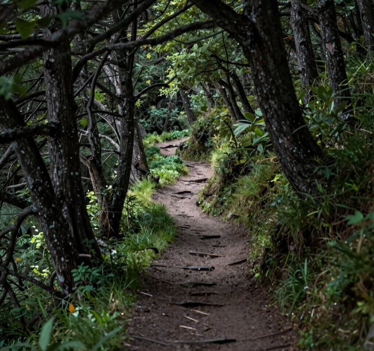 A sophisticated shot of a mountain trail winding through ancient trees, captured in soft, filtered sunlight. The palette includes deep forest greens and #1C2C39 shadows.