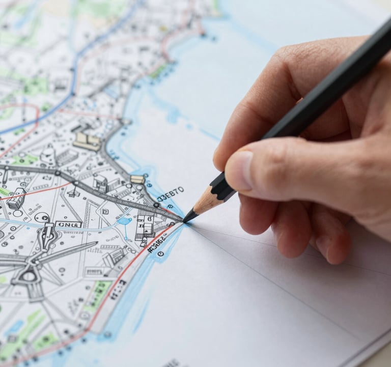 A detailed close-up of a hand-drawn map being marked with a pencil, focused and professional atmosphere, high-quality paper texture, using #3E6B7A and #1C2C39.
