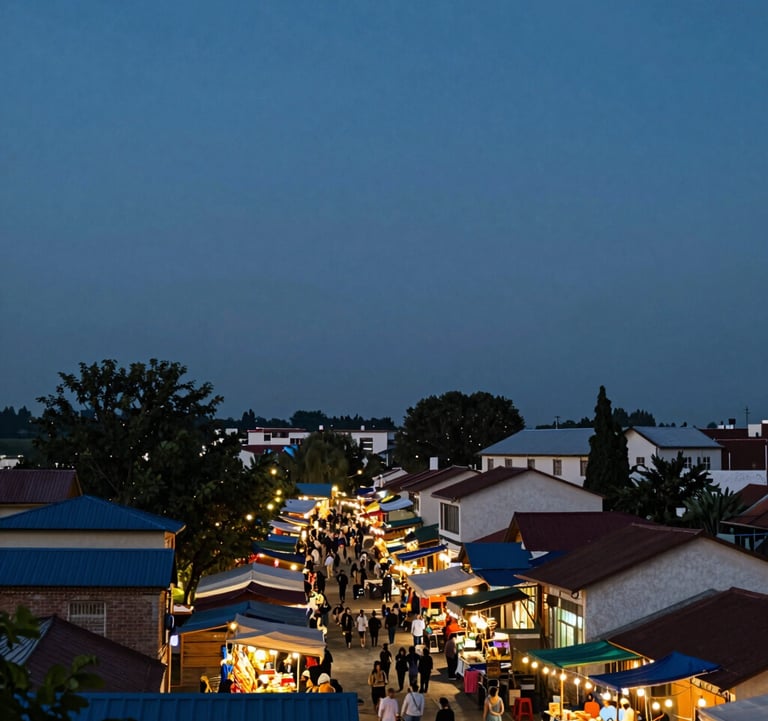 A panoramic view of a local village market at dusk. String lights glowing warmly. A sense of tranquil discovery. The sky is a deep #3E6B7A.