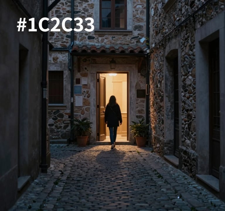 An intimate, authentic shot of a hidden cobblestone alley in a historic village. Warm light spills from a doorway, contrasting with the cool evening shadows of #1C2C39. The image evokes a sense of secret discovery and reliable planning.