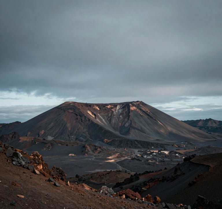 A breathtaking view of a rugged, volcanic landscape under a dramatic sky. The scene incorporates the deep tones of #3E6B7A. It captures the essence of a raw, authentic journey, framed with a professional and sophisticated eye.