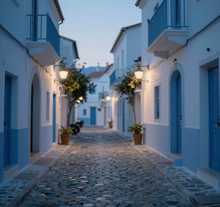 An elegant shot of a narrow cobblestone street in a Mediterranean village during the blue hour, sophisticated lighting, peaceful and inviting, featuring tones of #3E6B7A.