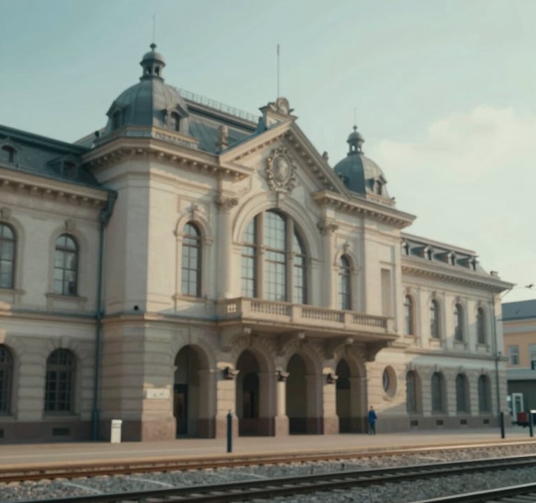 An inspiring image of an old European train station with elegant architecture, suggesting a journey of discovery. The lighting is soft and aspirational with #3E6B7A tones.