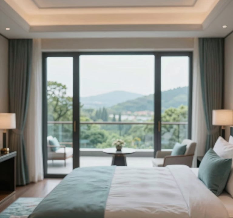 A luxury boutique hotel room with wide open windows overlooking a lush landscape, showing elegant textures and a sense of sophisticated tranquility. Includes accents of #A8C9CF.