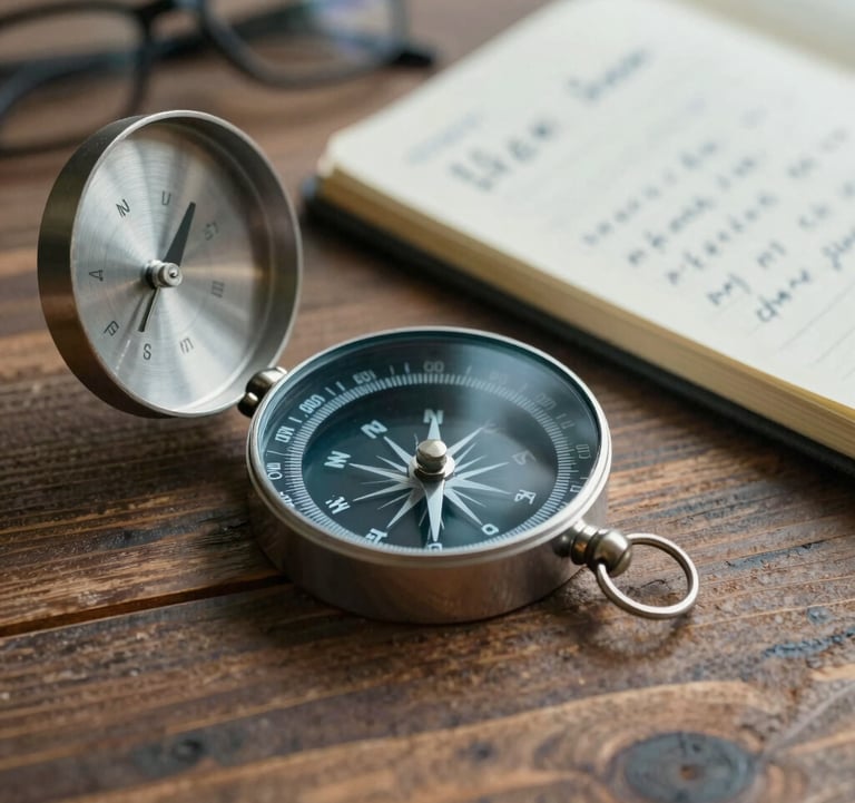 A sophisticated close-up of a vintage compass and a handwritten travel journal on a wooden table. Warm lighting, incorporating #3E6B7A and #1C2C39.